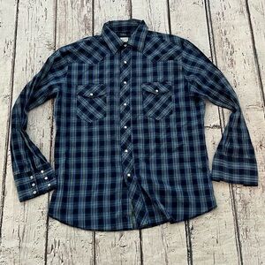 Vintage Wrangler Plaid Pearl Snap Cowboy Rancher Long Sleeve Button Down Shirt
